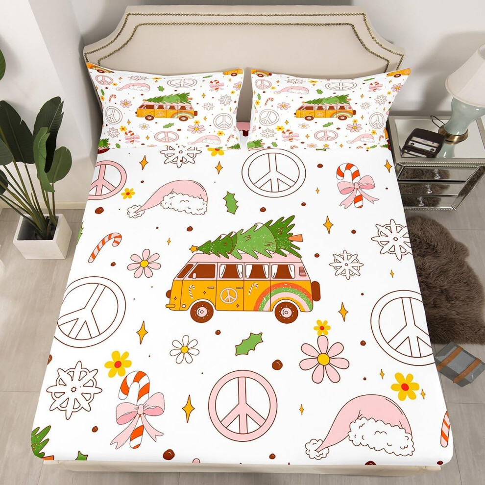 (Multi 01, King(No Comforter)) Girls Pink Christmas Double Bedding Set,Kids Cute Christmas Snowman Bed Sheets Xmas Decoration Ball Fitted Sheet,Winter Festive New Year Sheets