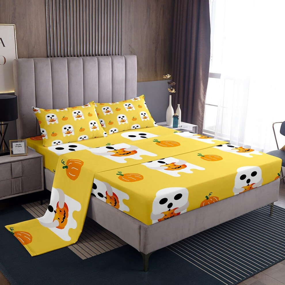 (Multi 09, Double(No Comforter)) Cartoon Pumpkin Decor Sheet Set Spooky Halloween Candy Trick or Treat Bed Sheets Set, Pumpkin Lantern Kawaii Ghost Sheets for Halloween Party