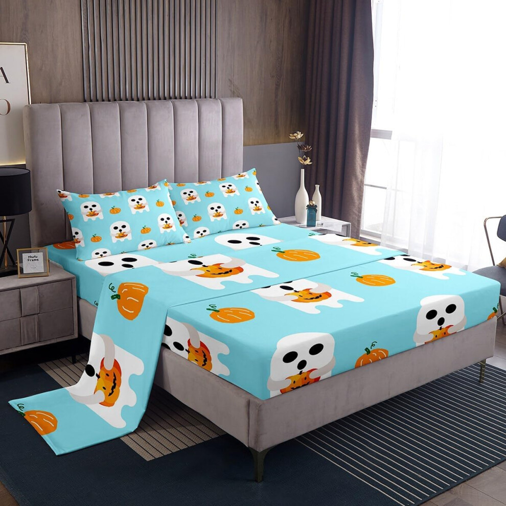 (Multi 08, Double(No Comforter)) Cartoon Pumpkin Decor Sheet Set Spooky Halloween Candy Trick or Treat Bed Sheets Set, Pumpkin Lantern Kawaii Ghost Sh
