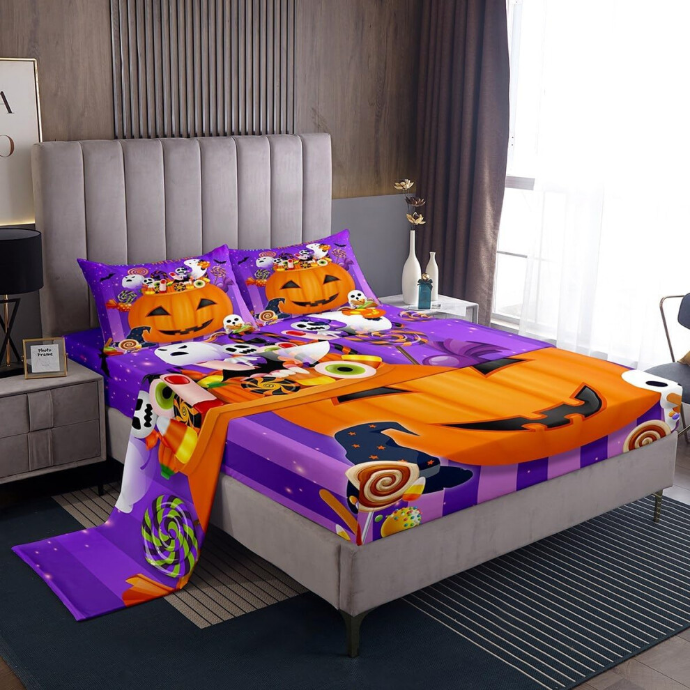 (Multi 07, Single(No Comforter)) Cartoon Pumpkin Decor Sheet Set Spooky Halloween Candy Trick or Treat Bed Sheets Set, Pumpkin Lantern Kawaii Ghost Sh