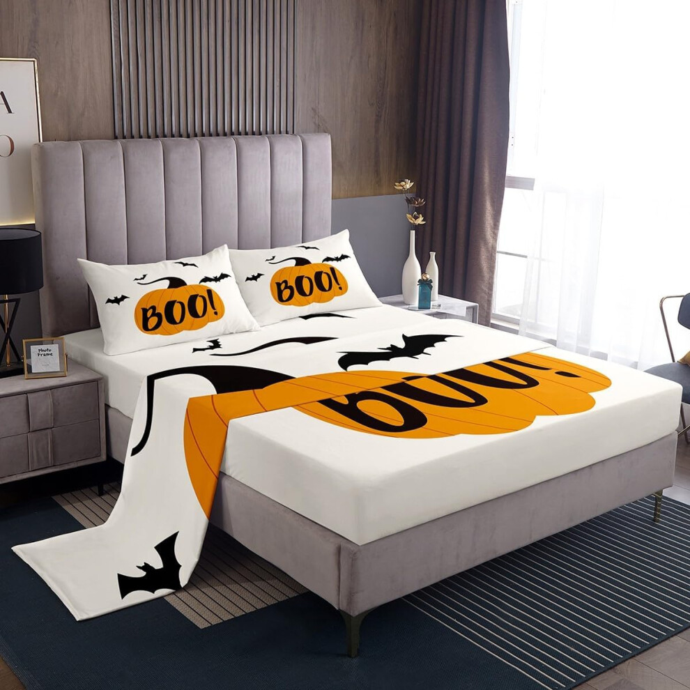 (Multi 15, Double(No Comforter)) Cartoon Pumpkin Decor Sheet Set Spooky Halloween Candy Trick or Treat Bed Sheets Set, Pumpkin Lantern Kawaii Ghost Sh