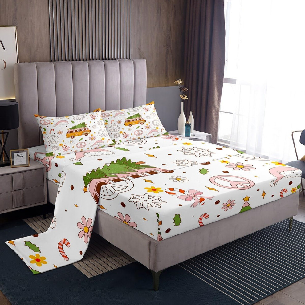 (Multi 01, Double(No Comforter)) Homewish Cute Christmas Sheet Set Double for Kids,Cartoon Santa Claus Snowman Bed Sheets for Boys Girls Xmas Reindeer Bedding Set Christmas Snowflake