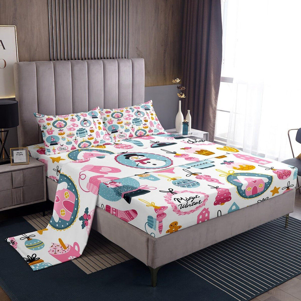 (Multi 03, Double(No Comforter)) Homewish Cute Christmas Sheet Set Double for Kids,Cartoon Santa Claus Snowman Bed Sheets for Boys Girls Xmas Reindeer Bedding Set Christmas Snowflake