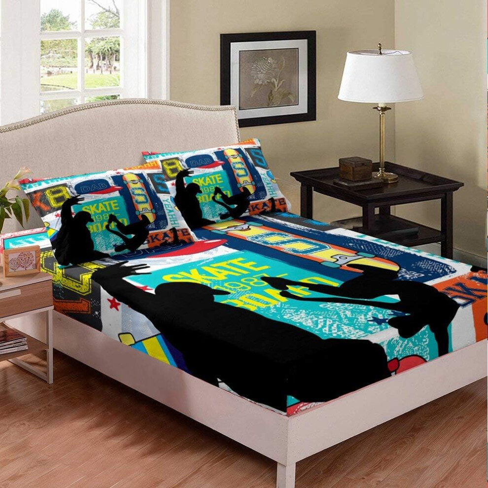 (Multi 01, Double(53"x79")(No Comforter)) Homewish Gothic Watercolor Tie Dye Kid Colorful Sugar Skull,Rose Flower Fitted Sheet & Pillow Sham Set for Child Youth Girly Decorations,Soft