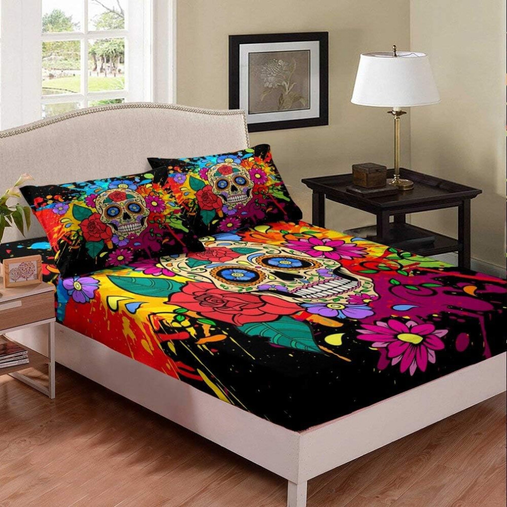 (Multi 10, Double(53"x79")(No Comforter)) Homewish Gothic Watercolor Tie Dye Kid Colorful Sugar Skull,Rose Flower Fitted Sheet & Pillow Sham Set for C