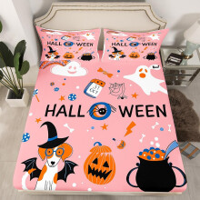 (Halloween 09, Double(No Comforter)) Cartoon Pug Dogs Fitted Sheet Double Size Happy Halloween Themed Bed Sheets for Kids Child Bedroom Decor,Funny Dogs in Halloween Costumes Bedding Set