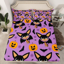 (Halloween 02, King(No Comforter)) Cartoon Pug Dogs Fitted Sheet Double Size Happy Halloween Themed Bed Sheets for Kids Child Bedroom Decor,Funny Dogs in Halloween Costumes Bedding Set