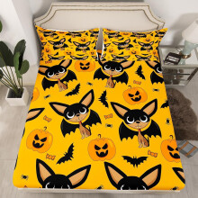 (Halloween 01, King(No Comforter)) Cartoon Pug Dogs Fitted Sheet Double Size Happy Halloween Themed Bed Sheets for Kids Child Bedroom Decor,Funny Dogs in Halloween Costumes Bedding Set