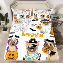 (Halloween 05, King(No Comforter)) Cartoon Pug Dogs Fitted Sheet Double Size Happy Halloween Themed Bed Sheets for Kids Child Bedroom Decor,Funny Dogs in Halloween Costumes Bedding Set