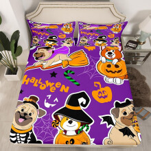 (Halloween 04, Single(No Comforter)) Cartoon Pug Dogs Fitted Sheet Double Size Happy Halloween Themed Bed Sheets for Kids Child Bedroom Decor,Funny Dogs in Halloween Costumes Bedding Set