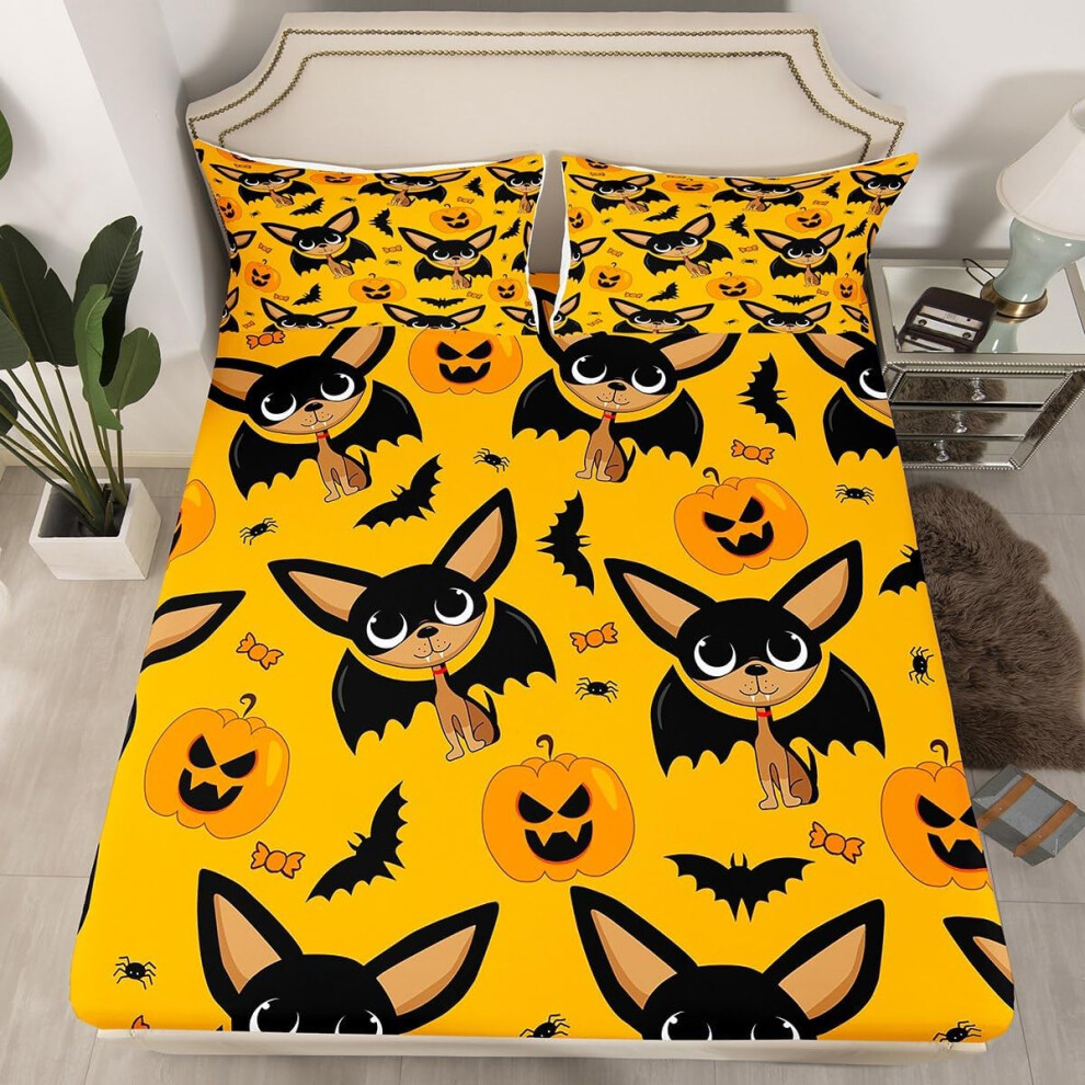 (Halloween 01, Single(No Comforter)) Cartoon Pug Dogs Fitted Sheet Double Size Happy Halloween Themed Bed Sheets for Kids Child Bedroom Decor,Funny Dogs in Halloween Costumes Bedding Set