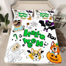 (Halloween 07, Single(No Comforter)) Cartoon Pug Dogs Fitted Sheet Double Size Happy Halloween Themed Bed Sheets for Kids Child Bedroom Decor,Funny Dogs in Halloween Costumes Bedding Set