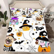 (Halloween 06, Single(No Comforter)) Cartoon Pug Dogs Fitted Sheet Double Size Happy Halloween Themed Bed Sheets for Kids Child Bedroom Decor,Funny Dogs in Halloween Costumes Bedding Set