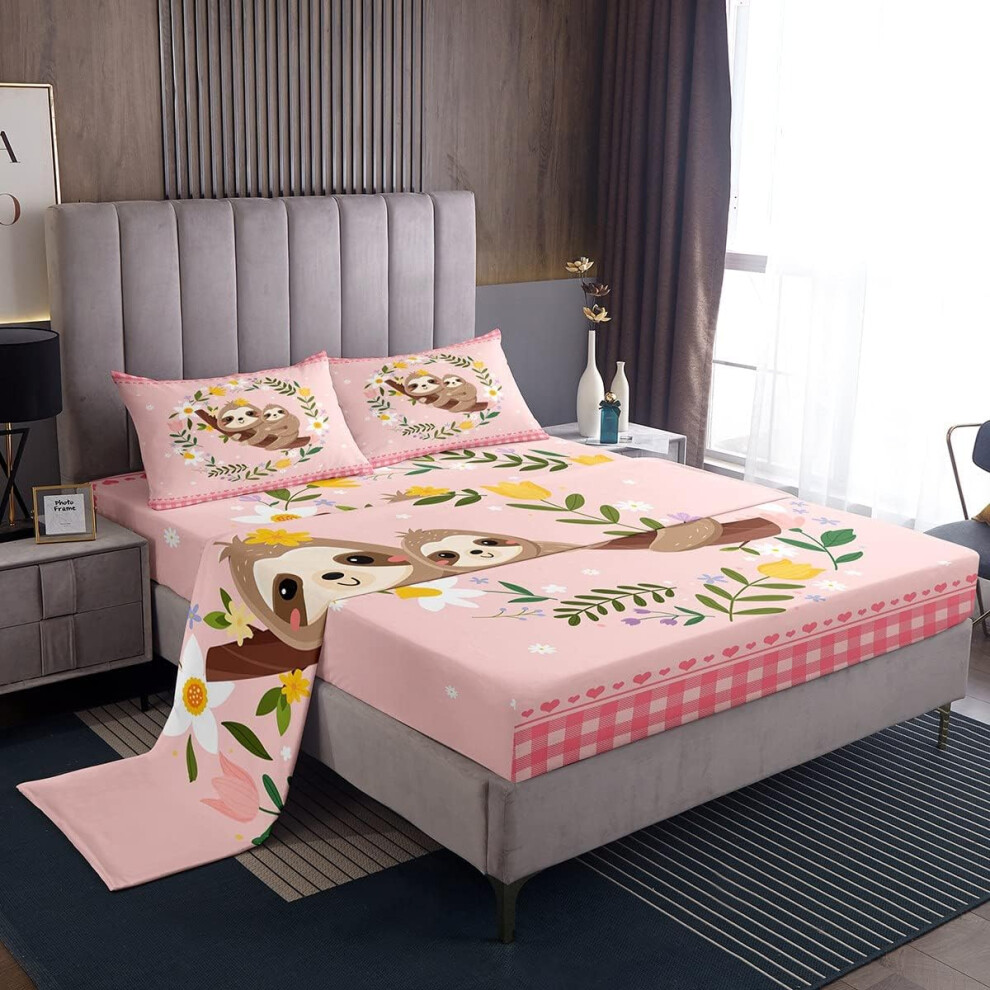 (Multi 01, Double(No Comforter)) Double Unicorn Bed Sheets Set For Girls, Cartoon Animal With Botanical Floral Sheet Set For Toddler Kids Teens, Geometric Grid Sheets Pink Heart