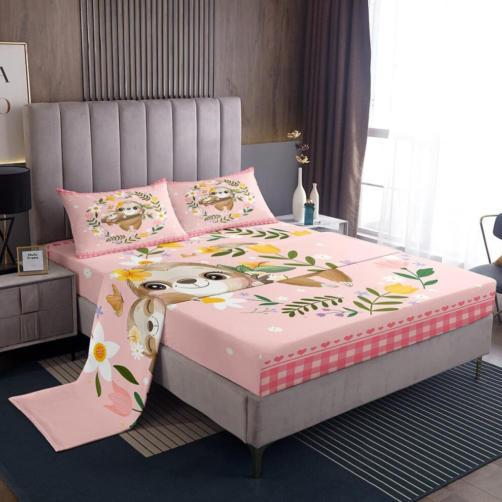 (Multi 07, Single(No Comforter)) Double Unicorn Bed Sheets Set For Girls, Cartoon Animal With Botanical Floral Sheet Set For Toddler Kids Teens, Geometric Grid Sheets Pink Heart