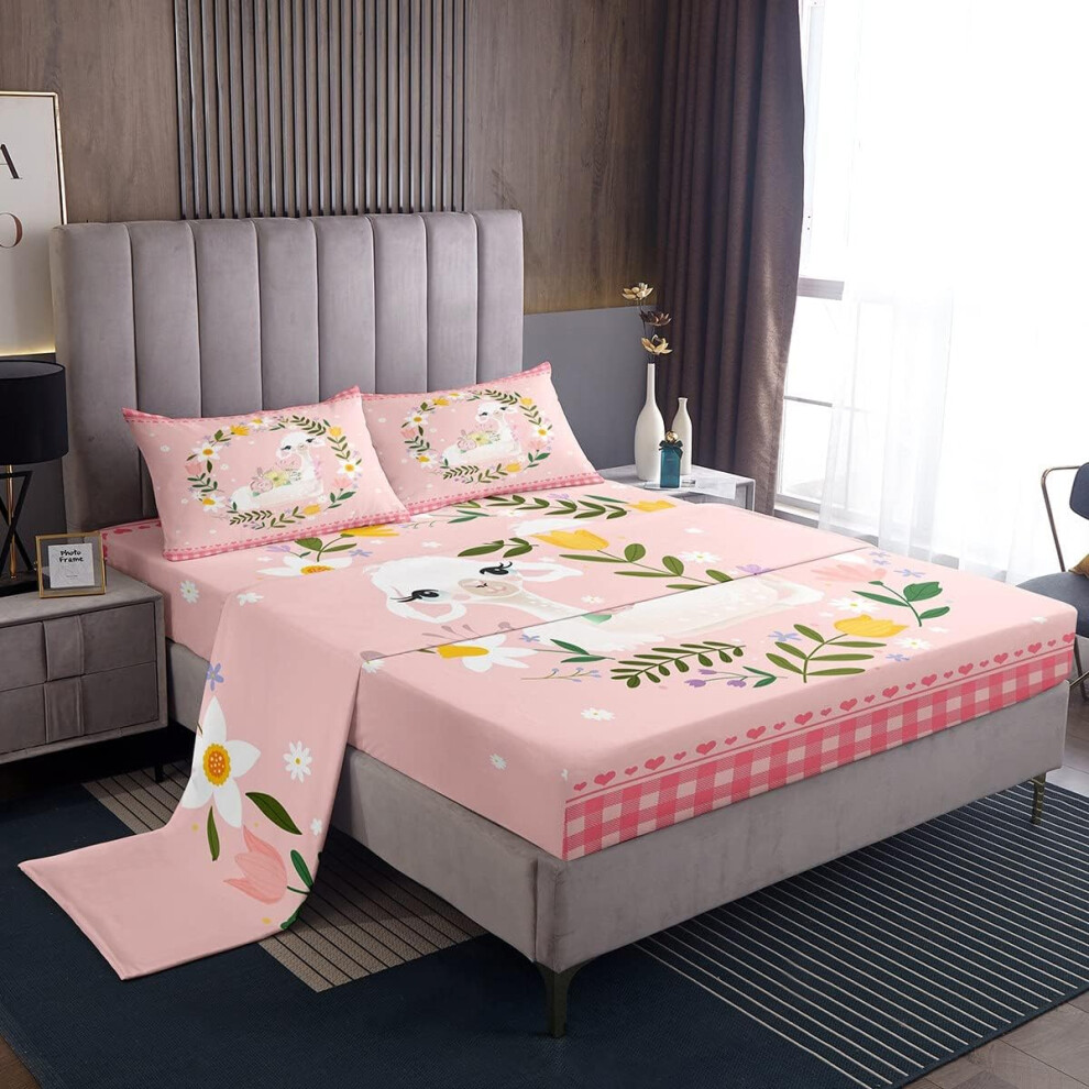 (Multi 14, Single(No Comforter)) Double Unicorn Bed Sheets Set For Girls, Cartoon Animal With Botanical Floral Sheet Set For Toddler Kids Teens, Geometric Grid Sheets Pink Heart