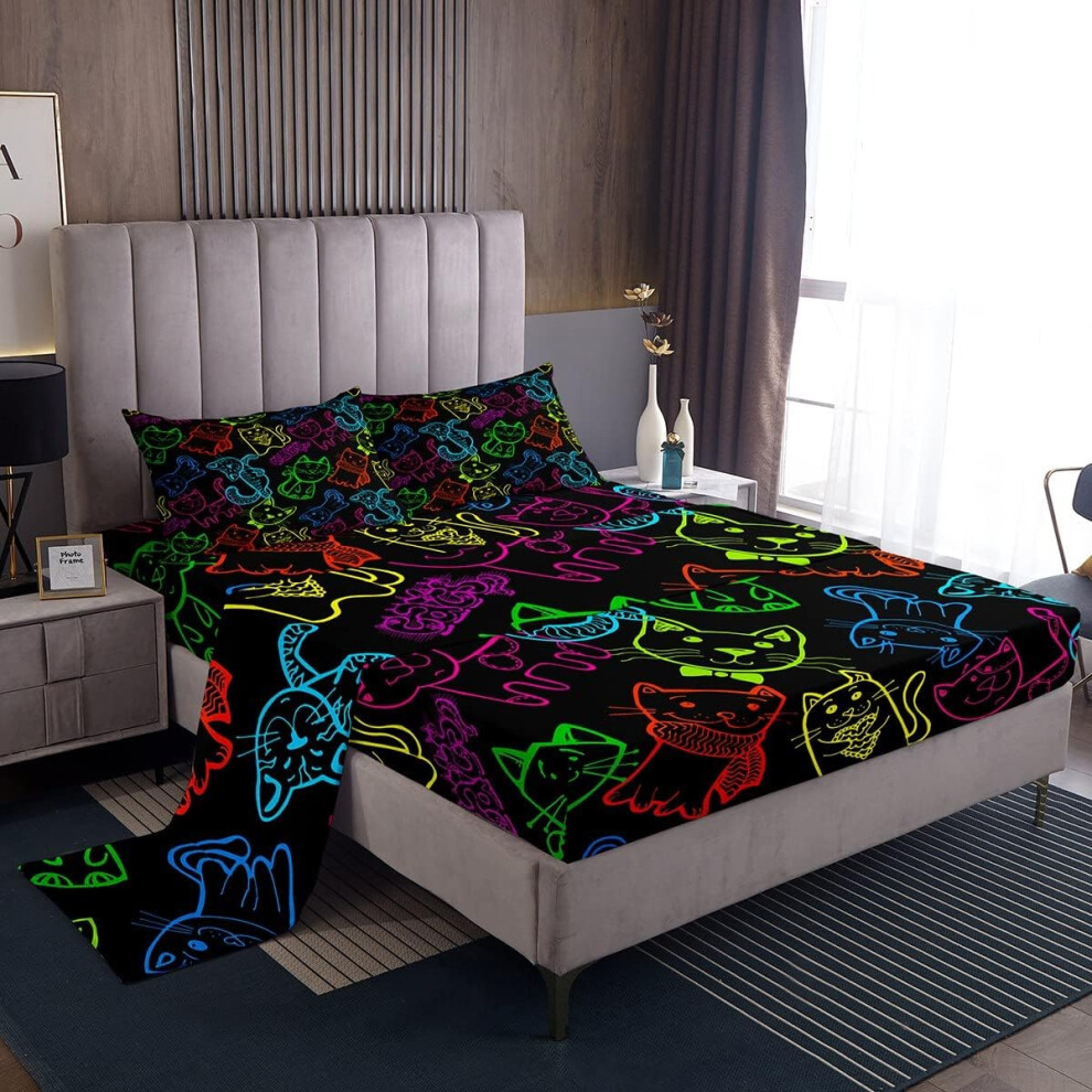 (Multi 14, Double(No Comforter)) Bohemian Cat Bed Sheets Set, Teal Cartoon Cat Sheets Double for Kids Boys Girls Teens, Trippy Marijuana Leaf Sheet Set, Boho Stars Moon Planet Cosmo