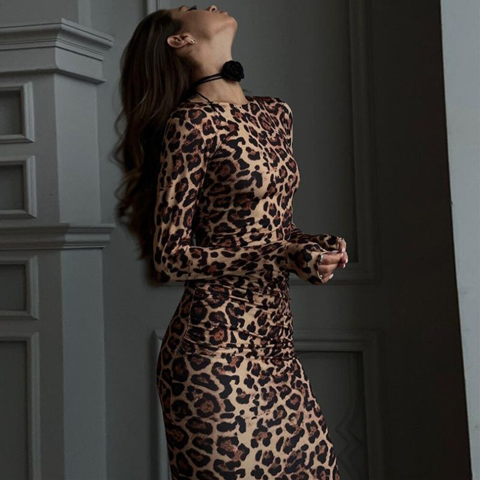 (leopard print, S) Women's Round Neck Long Sleeve Slim-fit Bag Hip Sexy Spice Fashion Step Leopard Print Dress