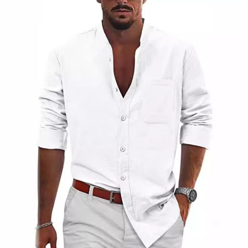 (S, white) Men's Casual Button Up Long Sleeved Cotton Linen Shirt Beach Shirt Casual Shirts