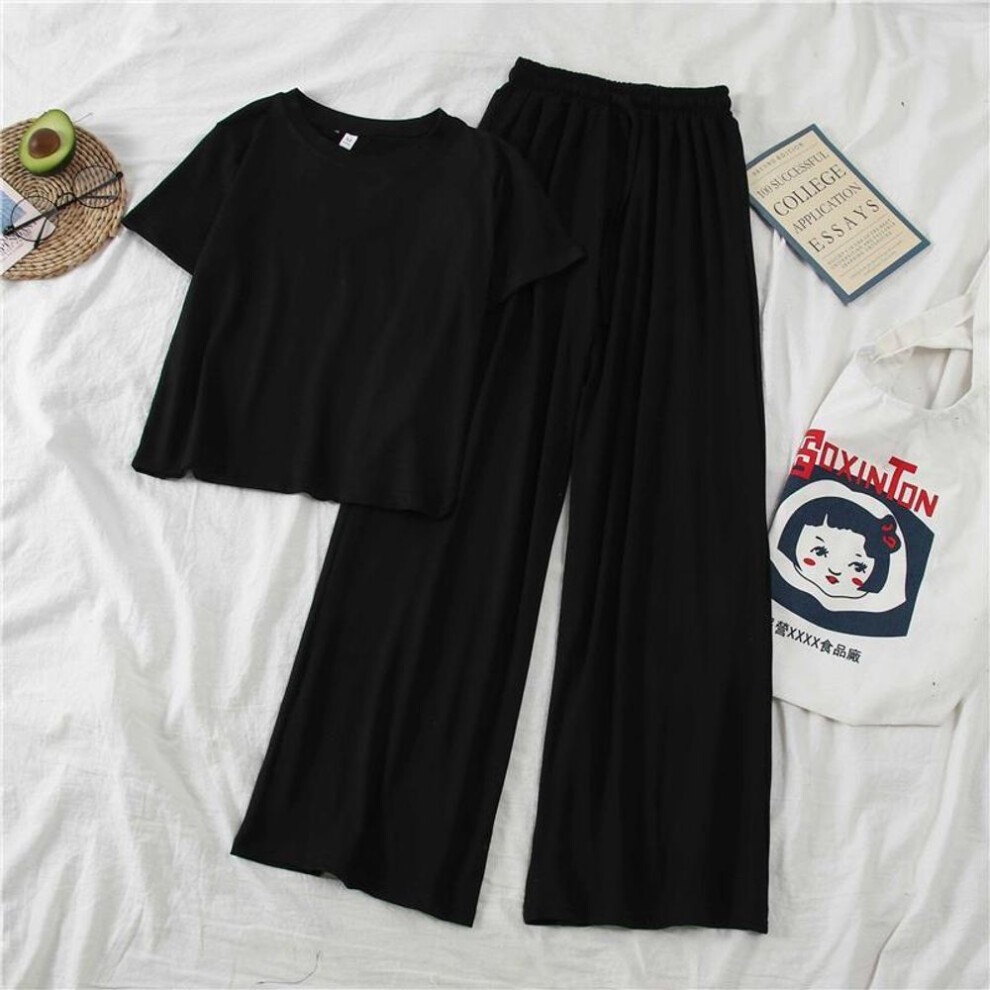 (black, S) 2023 Korean Style Women's Short-sleeve Blazer And Wide-leg Pants Two-piece Set