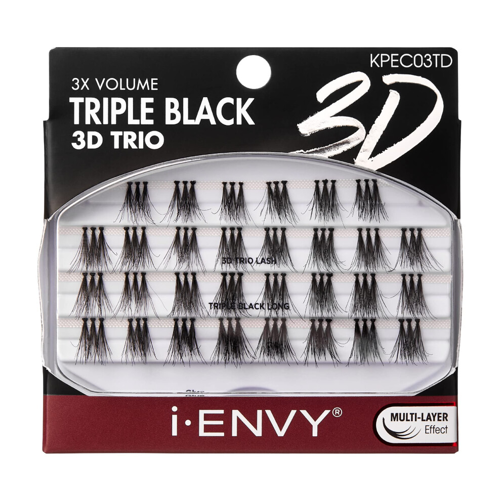 Envidia Black Ienvy False Eyelashes Triple 3D Individual Trio Lashes 3X Volume Reusable Eyelash Clusters (Long)