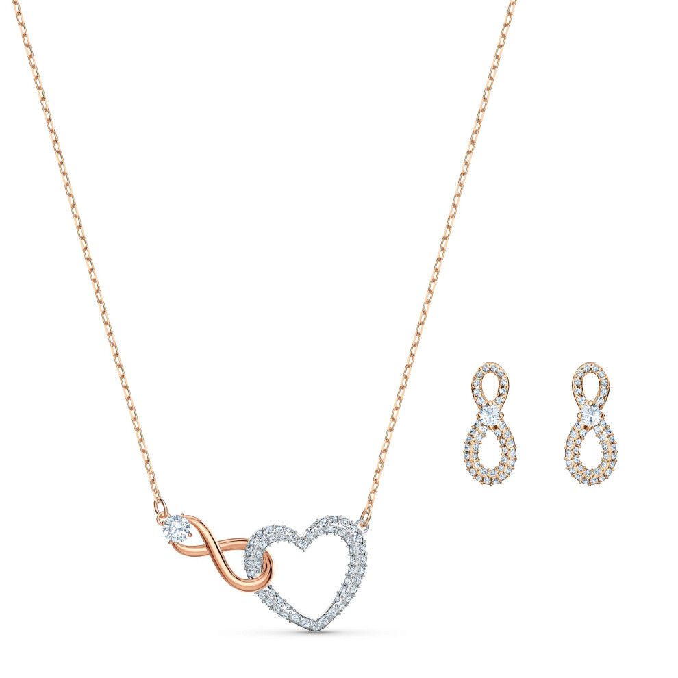 Swarovski Infinity Necklace and Stud Pierced Earrings Set with Clear Crystal Pav? and Mixed Metal Plated Finish in Infinity and Heart Design