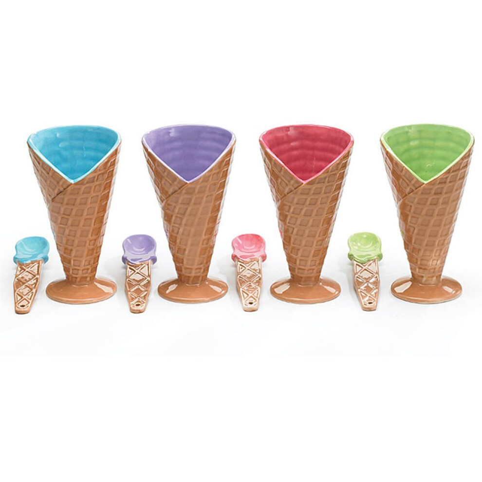 Set Of 4 Large Ice Cream Cone Dishes Bowls With Spoon-image-OPC-PFRMK92-NEW