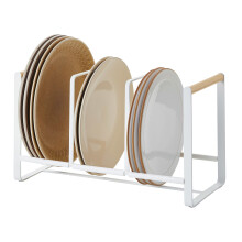 Yamazaki Home Plate Accented Storage Rack - Supporto da cucina | Acciaio + legno | Grande | Organizzatore per piatti bianco