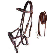 CHALLENGER Horse Western Nahka Tack Helmill Bitless Sidepull Suitset Ohjat Ruskeat 77RS07PK
