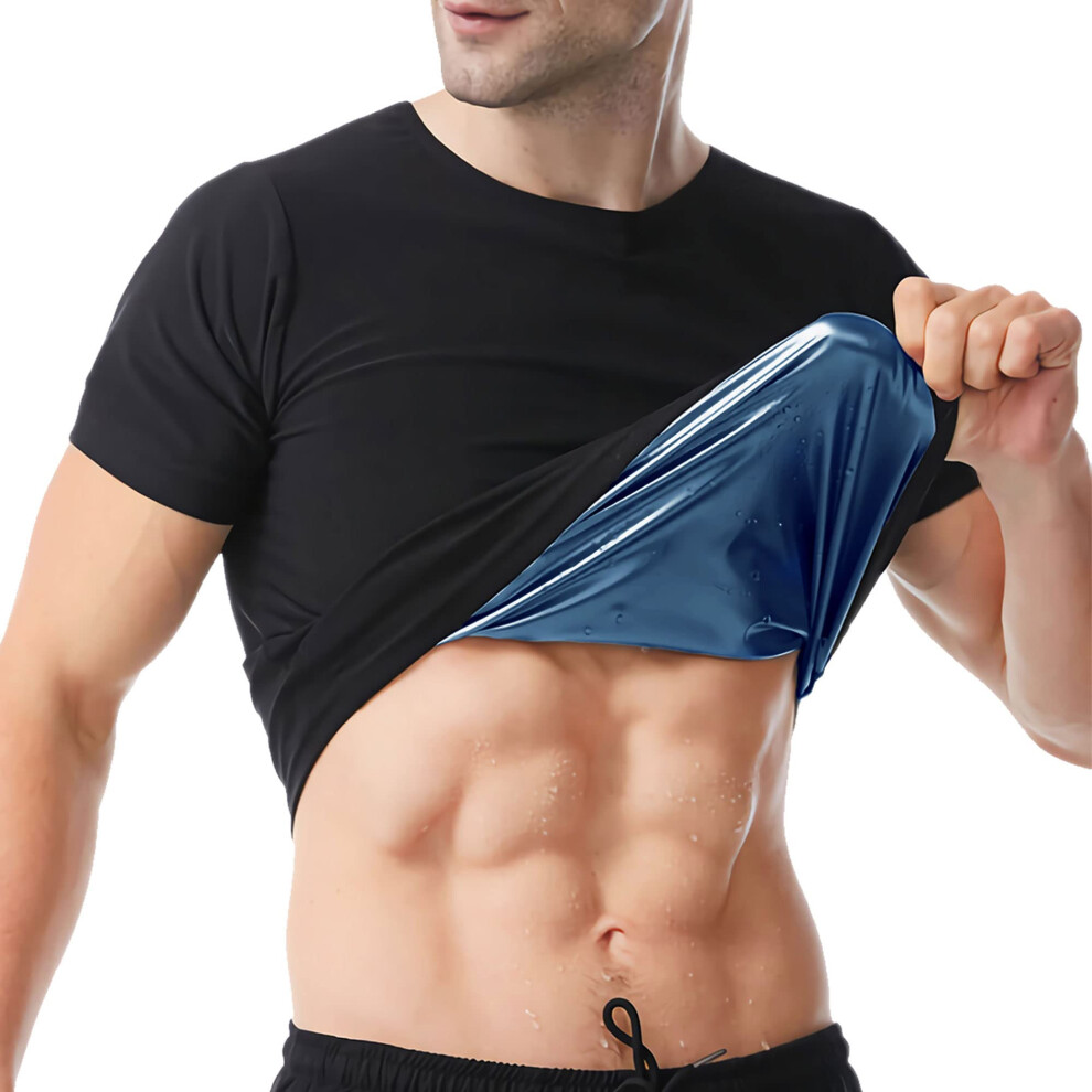 Camicia Da Sauna Da Uomo A Maniche Corte Da Uomo Tuta Sauna Body Shaper Compressione Gilet Palestra Esercizio Top, Interno Nero-Blu, X-Large-image