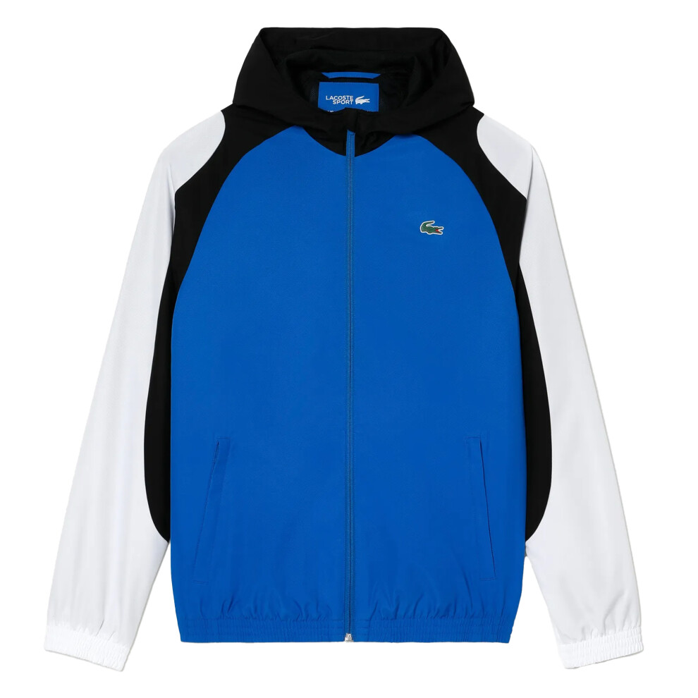 (S-M, White/Blue/Black) Lacoste Mens Sport Colour Block Tennis Jacket
