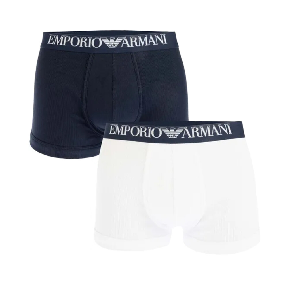(S, Navy/White) Emporio Armani Mens Cotton Ribbed Boxer Shorts (Pack of 2)