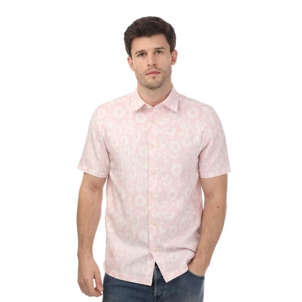 (M, Pink) Ted Baker Mens Flaisby Floral Linen Blend Short-Sleeved Shirt