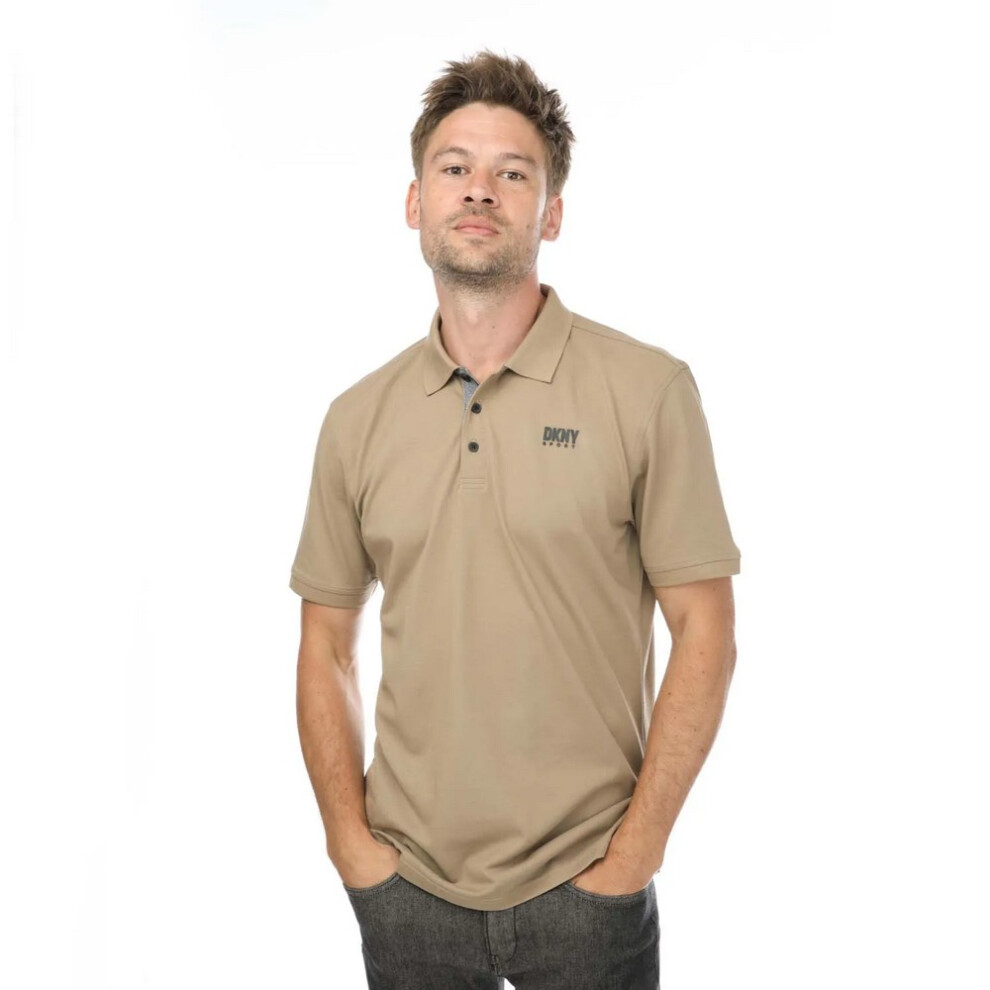 (S, Beige) DKNY Mens Tonal Logo Polo Shirt