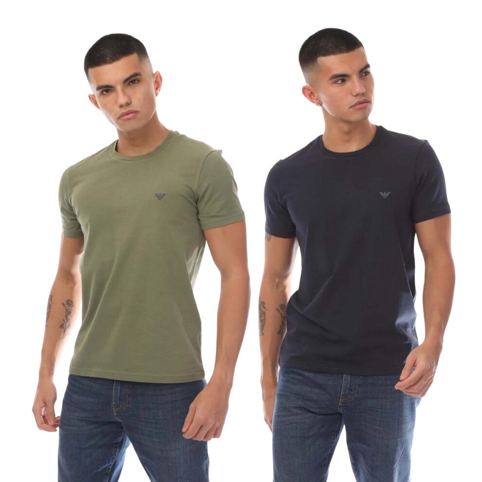 (S, Navy/Green) Emporio Armani Mens Plain T-Shirt (Pack of 2)