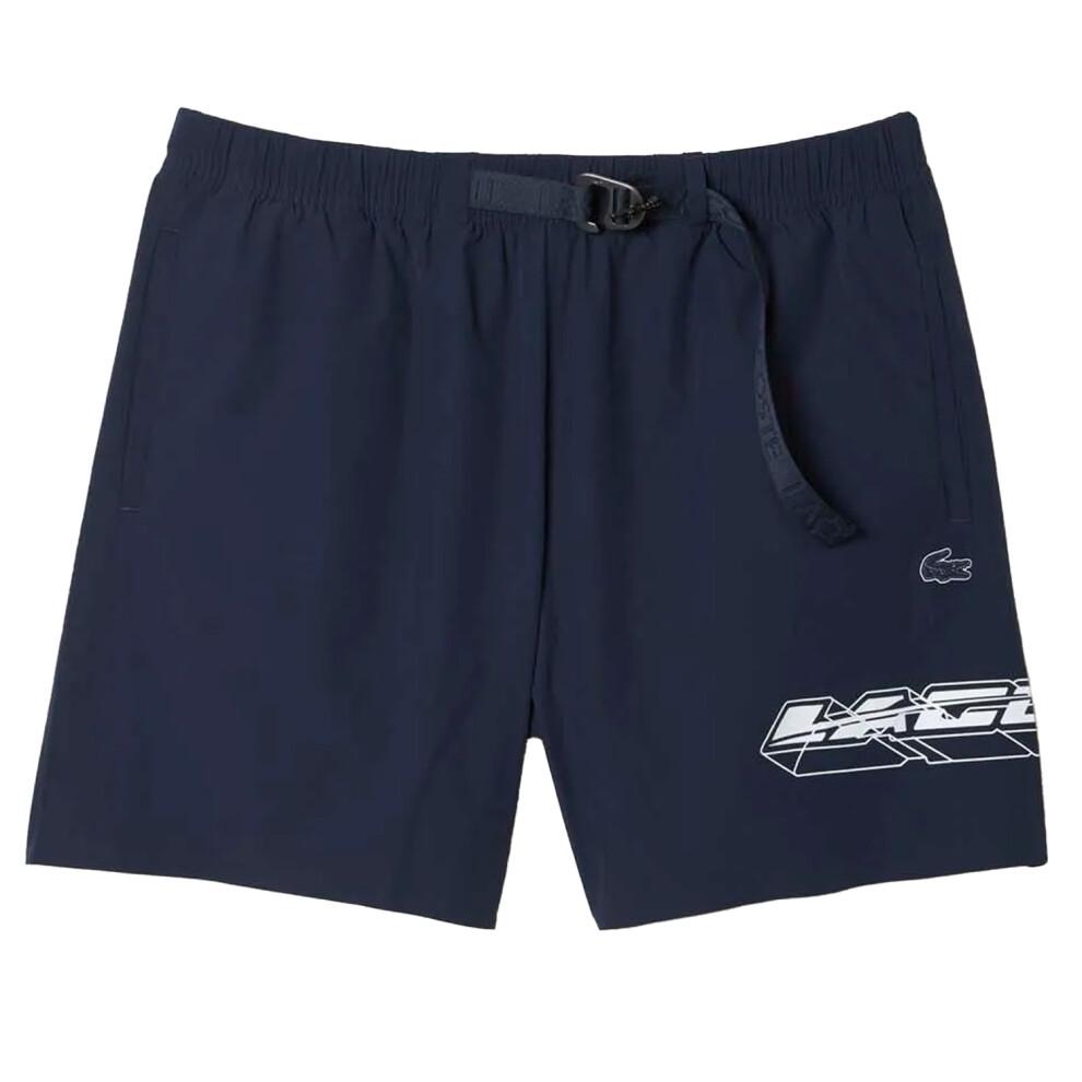 (M, Blue) Lacoste Mens Stripe Quick Dry Logo Swimming Trunks