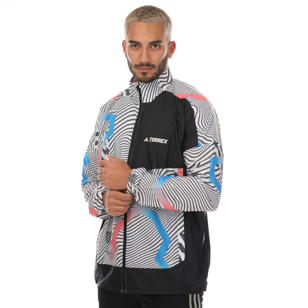 (XS, White/Black) Adidas Mens Terrex Trail Printed Running Jacket