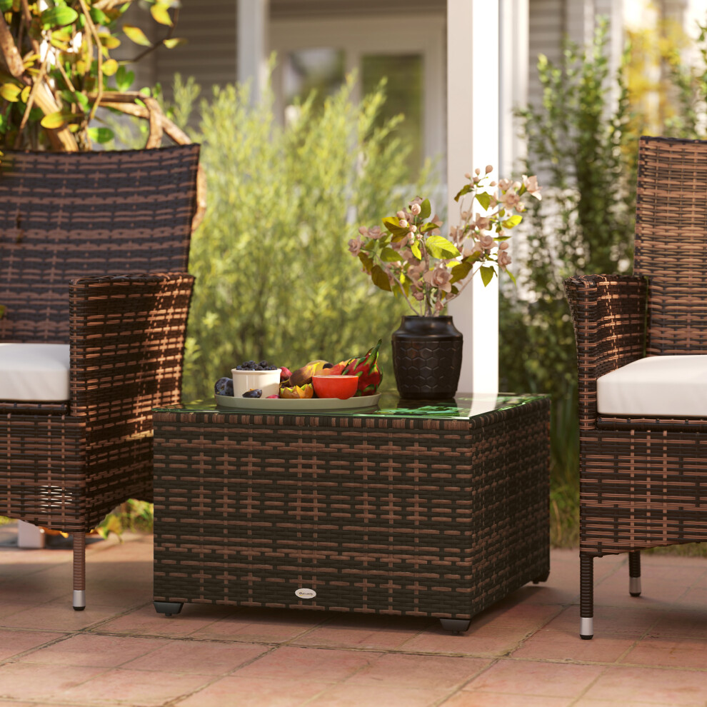 Outsunny Brown Rattan Outdoor Coffee Table With 5Mm Tempered Glass Top - Steel Frame, Adjustable Feet, 62X62x38 Cm, 50Kg, 867-226V00bn