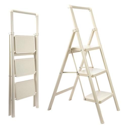 Heavy Duty 3 Step Folding Ladder with Handrail White