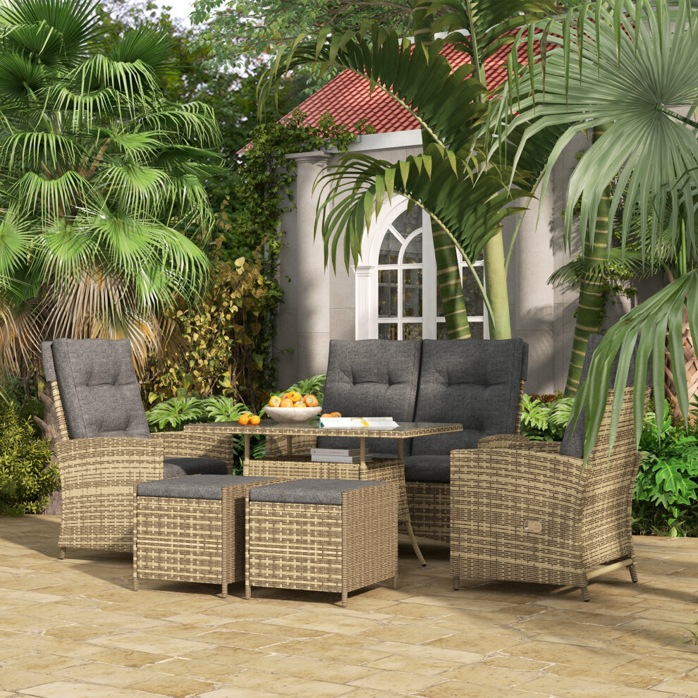 Outsunny Rattan Dining Set for 6, 2 Reclining Chairs with Cushions, Grey