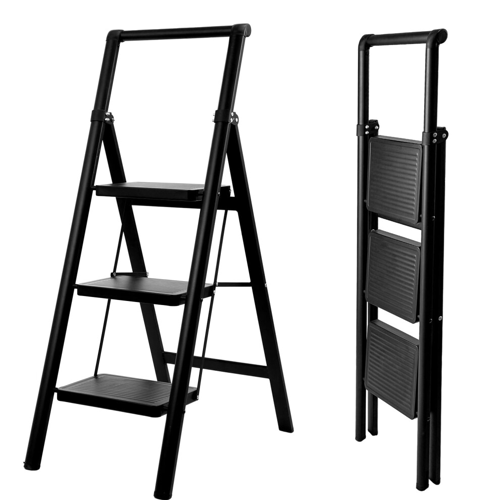 Heavy Duty 3 Step Folding Ladder with Handrail Black