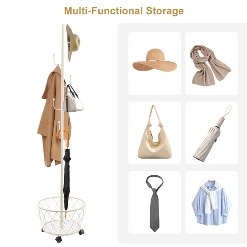 Freestanding Coat Rack with Umbrella Holder 6-Hook White 2