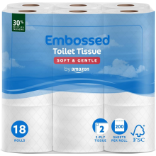 by Amazon Toilet Roll, 2-Ply Embossed, Soft and Gentle, 18 Rolls (Pack of 1), 200 Sheets per Roll, FSC Certified