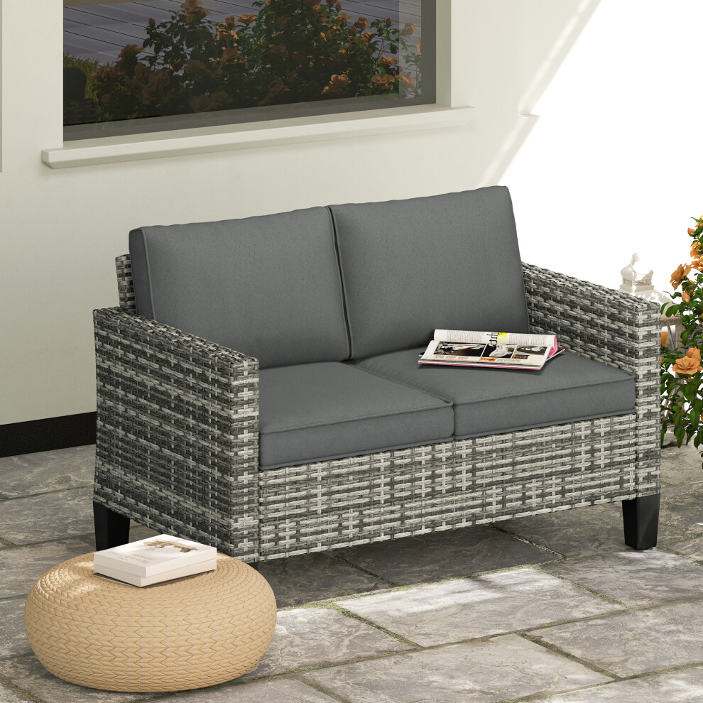 Outsunny Rattan Sofa With Cushions, 2 Seater Garden Furniture, Light Grey
