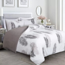 (Double: 200X200 cm, Grey White Leaf ) Printed Duvet Quilt Cover Set Reversible 3PC Bedding Set with Pillowcases