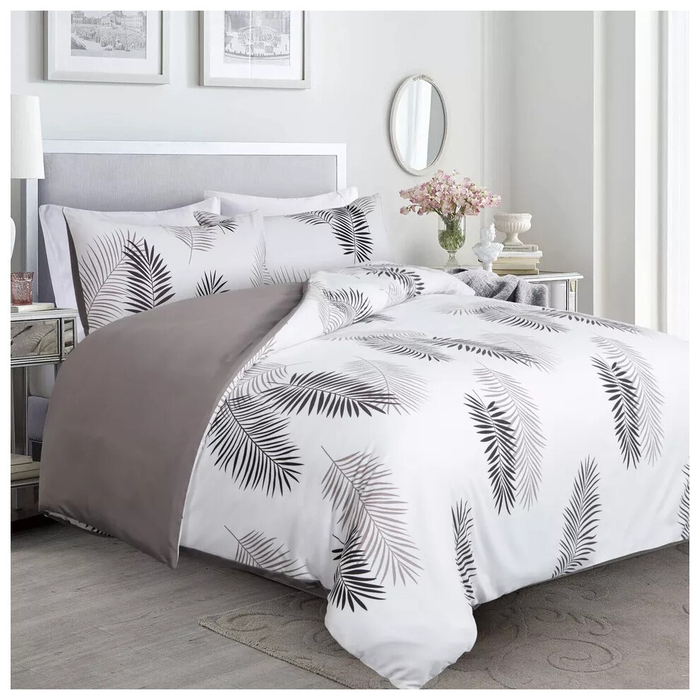Oxford Homeware (Double: 200X200 Cm, Grey White Leaf ) Printed Duvet Quilt Cover Set Reversible 3Pc Bedding Set With Pillowcases Multicoloured