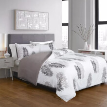 (King: 230X220 cm, Grey White Leaf ) Printed Duvet Quilt Cover Set Reversible 3PC Bedding Set with Pillowcases