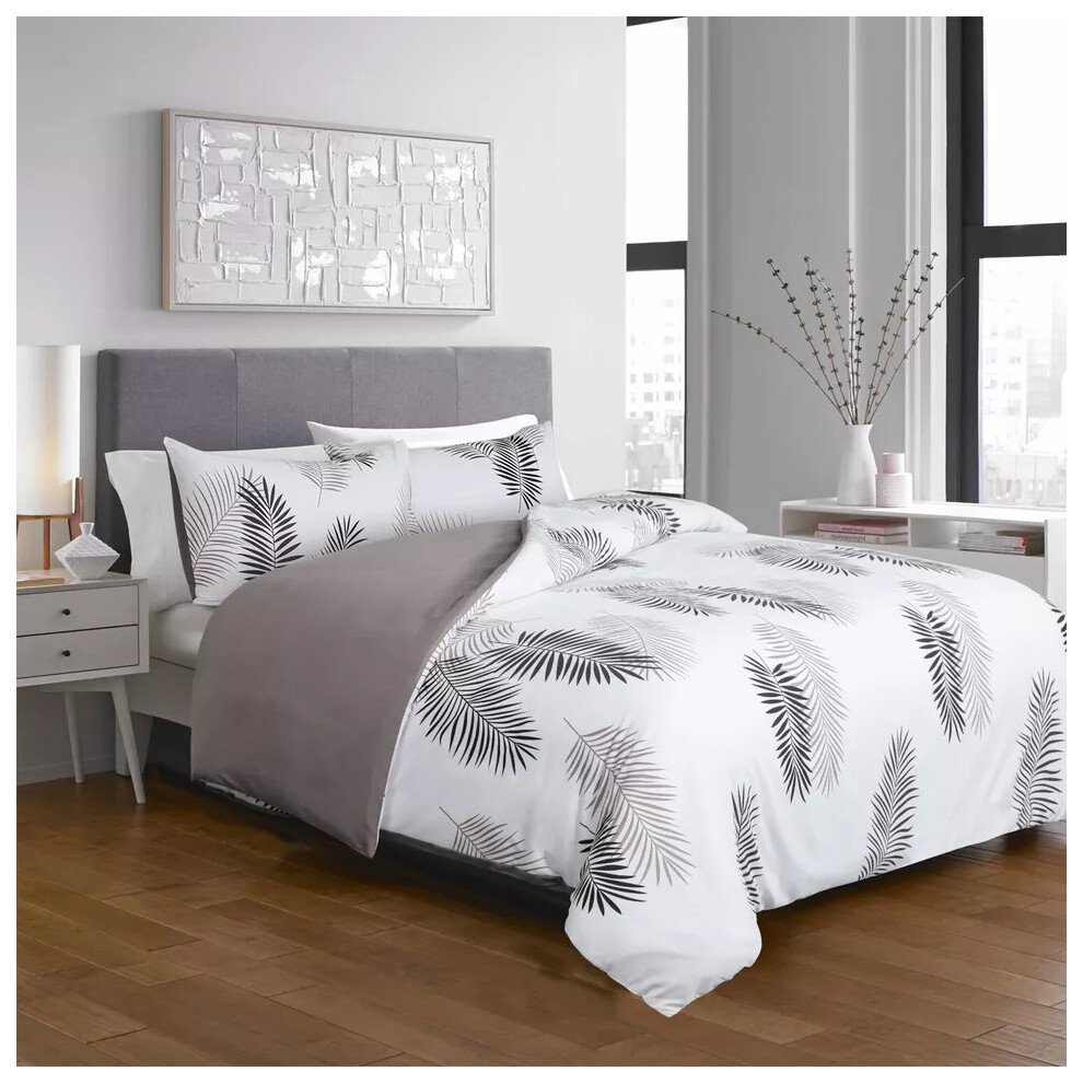 Oxford Homeware (King: 230X220 Cm, Grey White Leaf ) Printed Duvet Quilt Cover Set Reversible 3Pc Bedding Set With Pillowcases Multicoloured