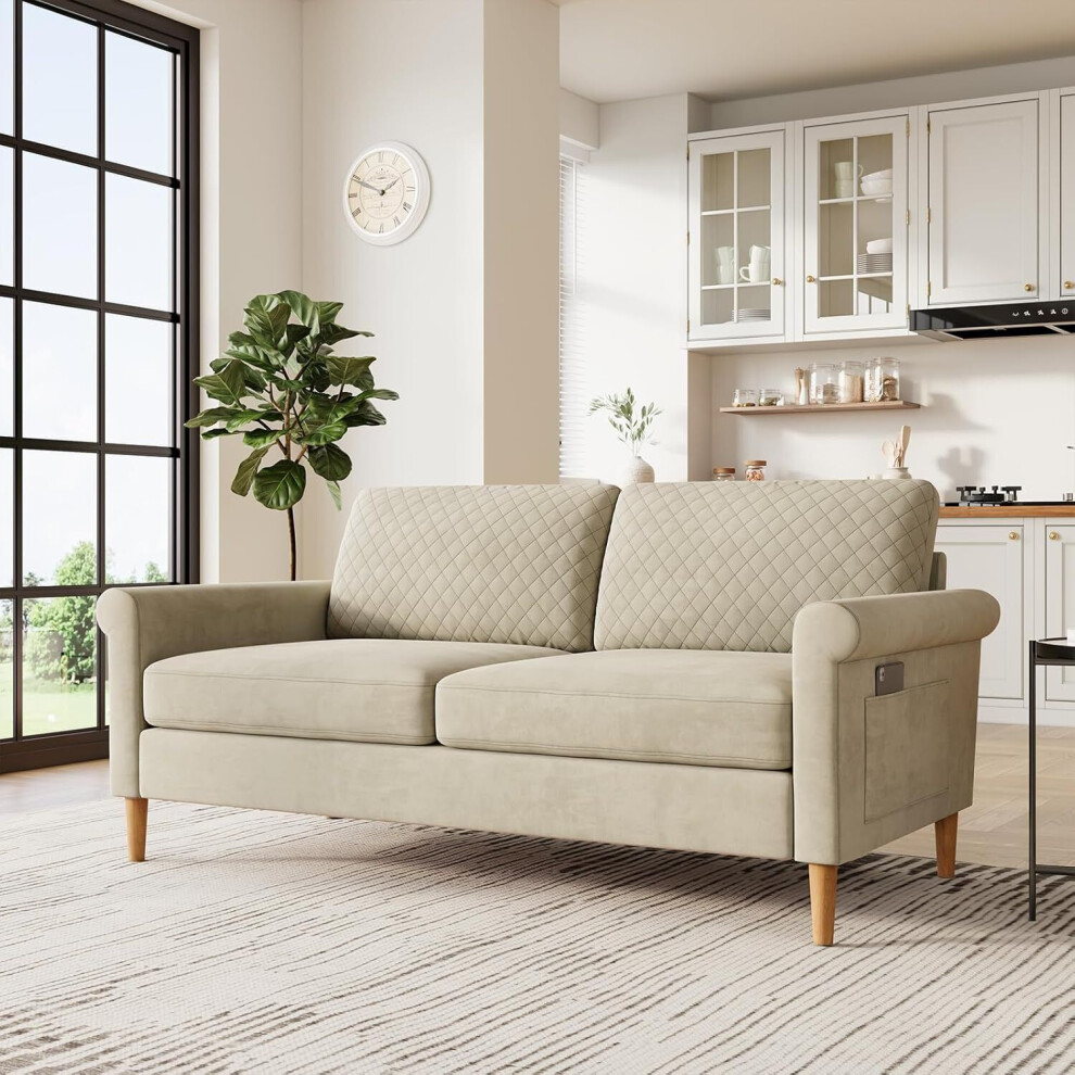 (Beige) Two-person wooden-legged flannel sofa