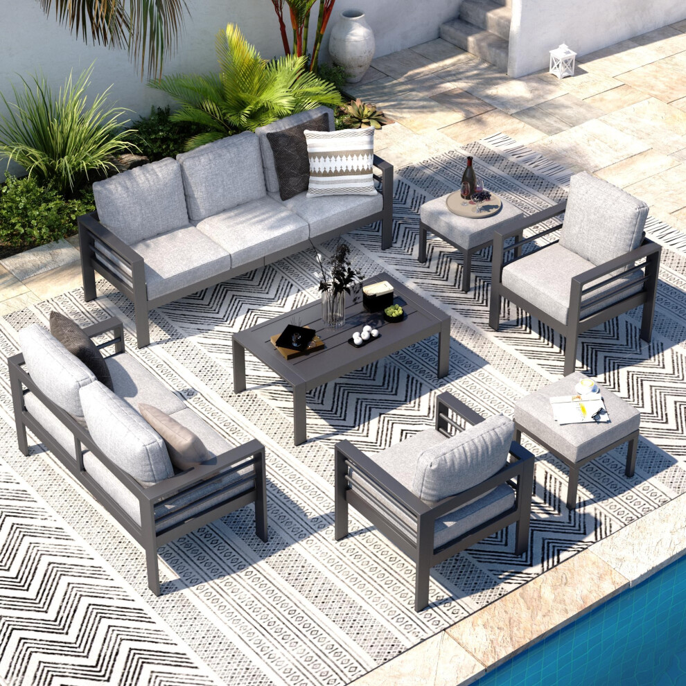 (Black-Light Grey) YODOLLA 7-Piece Aluminium Garden Furniture Set